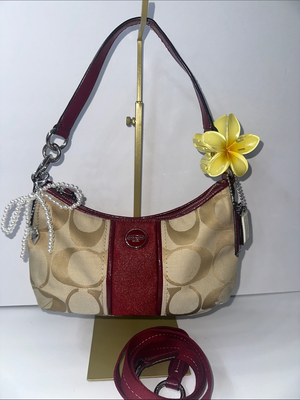 COACH Signature Canvas Shoulder Bag in Khaki and Red